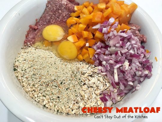Cheesy Meatloaf | Can't Stay Out of the Kitchen | This amazing #meatloaf is filled with #cheddarcheese & topped with a #ketchup, mustard & brown sugar topping. This #glutenfree #entree uses #oatmeal & GF bread crumbs. #beef #groundbeef