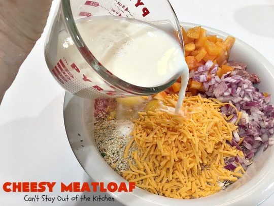 Cheesy Meatloaf | Can't Stay Out of the Kitchen | This amazing #meatloaf is filled with #cheddarcheese & topped with a #ketchup, mustard & brown sugar topping. This #glutenfree #entree uses #oatmeal & GF bread crumbs. #beef #groundbeef