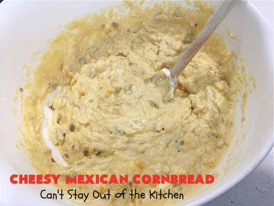 Cheesy Mexican Cornbread | Can't Stay Out of the Kitchen | this delectable & savory #cornbread includes #bacon, a layer of #CheddarCheese, & #GreenChilies to give it a little punch. It pairs wonderfully with soup or chili. Buttermilk & sour cream keep it moist so it doesn't crumble when you're eating it. Great side for any occasion. #TexMex #CheesyMexicanCornbread
