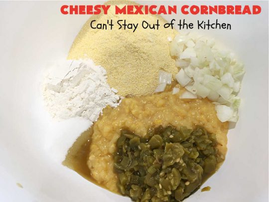 Cheesy Mexican Cornbread | Can't Stay Out of the Kitchen | this delectable & savory #cornbread includes #bacon, a layer of #CheddarCheese, & #GreenChilies to give it a little punch. It pairs wonderfully with soup or chili. Buttermilk & sour cream keep it moist so it doesn't crumble when you're eating it. Great side for any occasion. #TexMex #CheesyMexicanCornbreadCheesy Mexican Cornbread | Can't Stay Out of the Kitchen | this delectable & savory #cornbread includes #bacon, a layer of #CheddarCheese, & #GreenChilies to give it a little punch. It pairs wonderfully with soup or chili. Buttermilk & sour cream keep it moist so it doesn't crumble when you're eating it. Great side for any occasion. #TexMex #CheesyMexicanCornbread