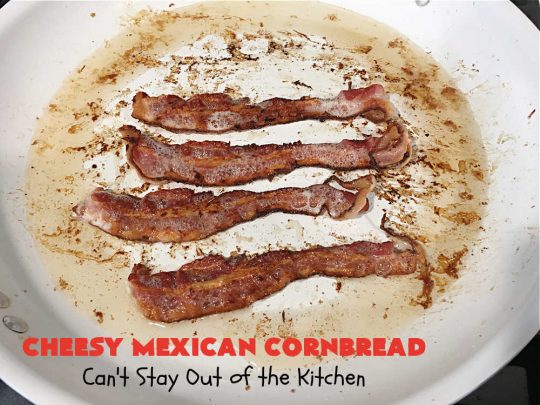 Cheesy Mexican Cornbread | Can't Stay Out of the Kitchen | this delectable & savory #cornbread includes #bacon, a layer of #CheddarCheese, & #GreenChilies to give it a little punch. It pairs wonderfully with soup or chili. Buttermilk & sour cream keep it moist so it doesn't crumble when you're eating it. Great side for any occasion. #TexMex #CheesyMexicanCornbread