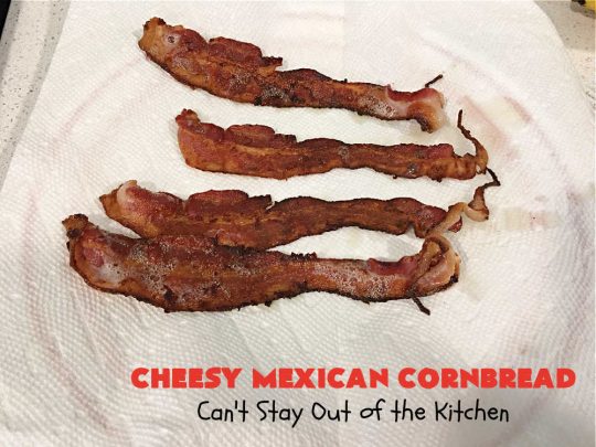 Cheesy Mexican Cornbread | Can't Stay Out of the Kitchen | this delectable & savory #cornbread includes #bacon, a layer of #CheddarCheese, & #GreenChilies to give it a little punch. It pairs wonderfully with soup or chili. Buttermilk & sour cream keep it moist so it doesn't crumble when you're eating it. Great side for any occasion. #TexMex #CheesyMexicanCornbread
