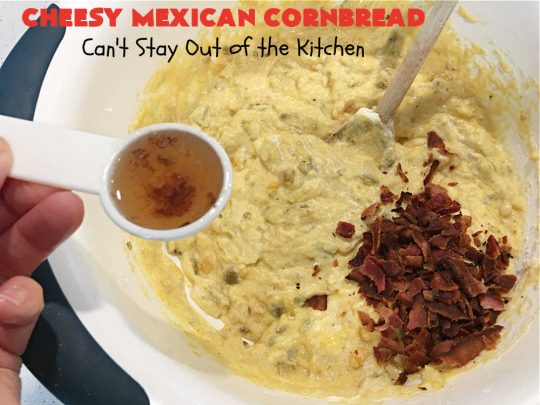 Cheesy Mexican Cornbread | Can't Stay Out of the Kitchen | this delectable & savory #cornbread includes #bacon, a layer of #CheddarCheese, & #GreenChilies to give it a little punch. It pairs wonderfully with soup or chili. Buttermilk & sour cream keep it moist so it doesn't crumble when you're eating it. Great side for any occasion. #TexMex #CheesyMexicanCornbread