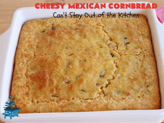 Cheesy Mexican Cornbread | Can't Stay Out of the Kitchen | this delectable & savory #cornbread includes #bacon, a layer of #CheddarCheese, & #GreenChilies to give it a little punch. It pairs wonderfully with soup or chili. Buttermilk & sour cream keep it moist so it doesn't crumble when you're eating it. Great side for any occasion. #TexMex #CheesyMexicanCornbread