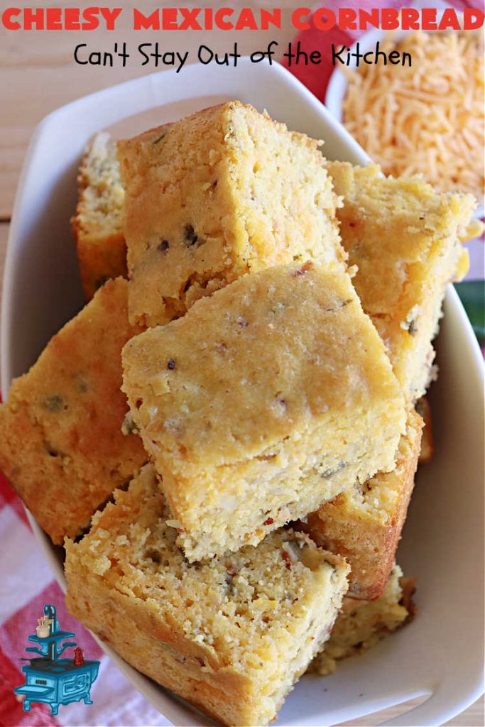 Cheesy Mexican Cornbread | Can't Stay Out of the Kitchen | this delectable & savory #cornbread includes #bacon, a layer of #CheddarCheese, & #GreenChilies to give it a little punch. It pairs wonderfully with soup or chili. Buttermilk & sour cream keep it moist so it doesn't crumble when you're eating it. Great side for any occasion. #TexMex #CheesyMexicanCornbread