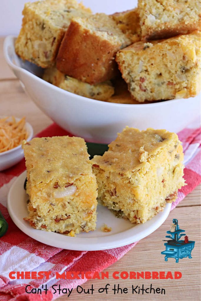 Cheesy Mexican Cornbread | Can't Stay Out of the Kitchen | this delectable & savory #cornbread includes #bacon, a layer of #CheddarCheese, & #GreenChilies to give it a little punch. It pairs wonderfully with soup or chili. Buttermilk & sour cream keep it moist so it doesn't crumble when you're eating it. Great side for any occasion. #TexMex #CheesyMexicanCornbread