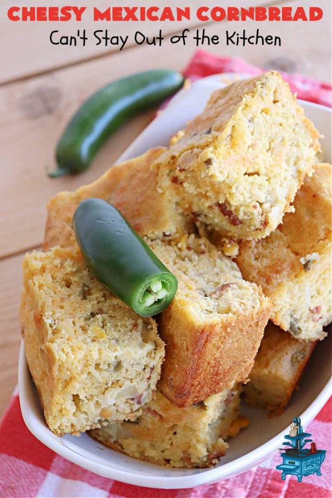 Cheesy Mexican Cornbread | Can't Stay Out of the Kitchen | this delectable & savory #cornbread includes #bacon, a layer of #CheddarCheese, & #GreenChilies to give it a little punch. It pairs wonderfully with soup or chili. Buttermilk & sour cream keep it moist so it doesn't crumble when you're eating it. Great side for any occasion. #TexMex #CheesyMexicanCornbread