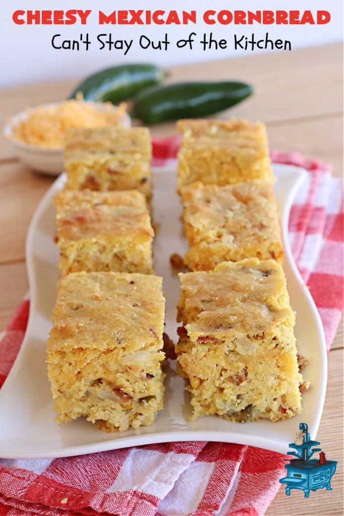 Cheesy Mexican Cornbread | Can't Stay Out of the Kitchen | this delectable & savory #cornbread includes #bacon, a layer of #CheddarCheese, & #GreenChilies to give it a little punch. It pairs wonderfully with soup or chili. Buttermilk & sour cream keep it moist so it doesn't crumble when you're eating it. Great side for any occasion. #TexMex #CheesyMexicanCornbread