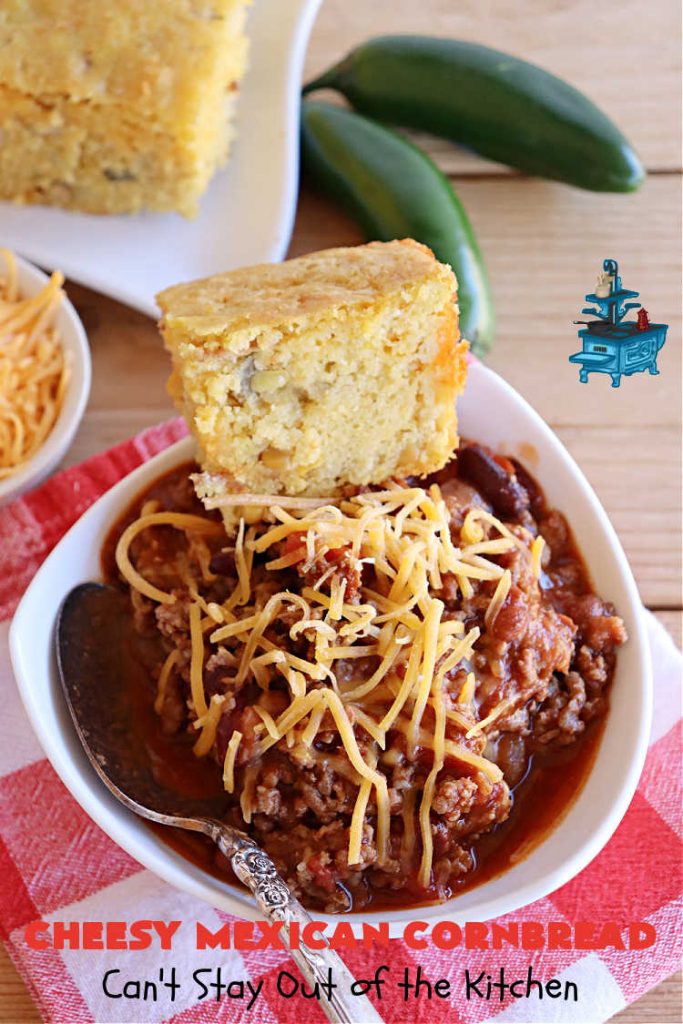 Cheesy Mexican Cornbread | Can't Stay Out of the Kitchen | this delectable & savory #cornbread includes #bacon, a layer of #CheddarCheese, & #GreenChilies to give it a little punch. It pairs wonderfully with soup or chili. Buttermilk & sour cream keep it moist so it doesn't crumble when you're eating it. Great side for any occasion. #TexMex #CheesyMexicanCornbread