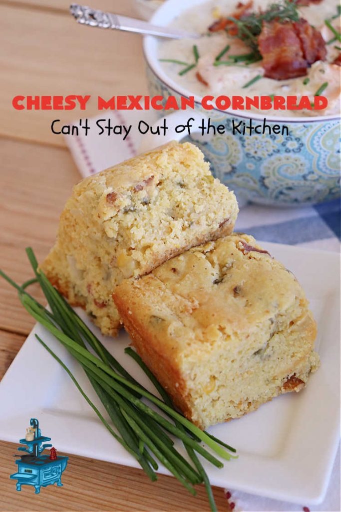 Cheesy Mexican Cornbread | Can't Stay Out of the Kitchen | this delectable & savory #cornbread includes #bacon, a layer of #CheddarCheese, & #GreenChilies to give it a little punch. It pairs wonderfully with soup or chili. Buttermilk & sour cream keep it moist so it doesn't crumble when you're eating it. Great side for any occasion. #TexMex #CheesyMexicanCornbread