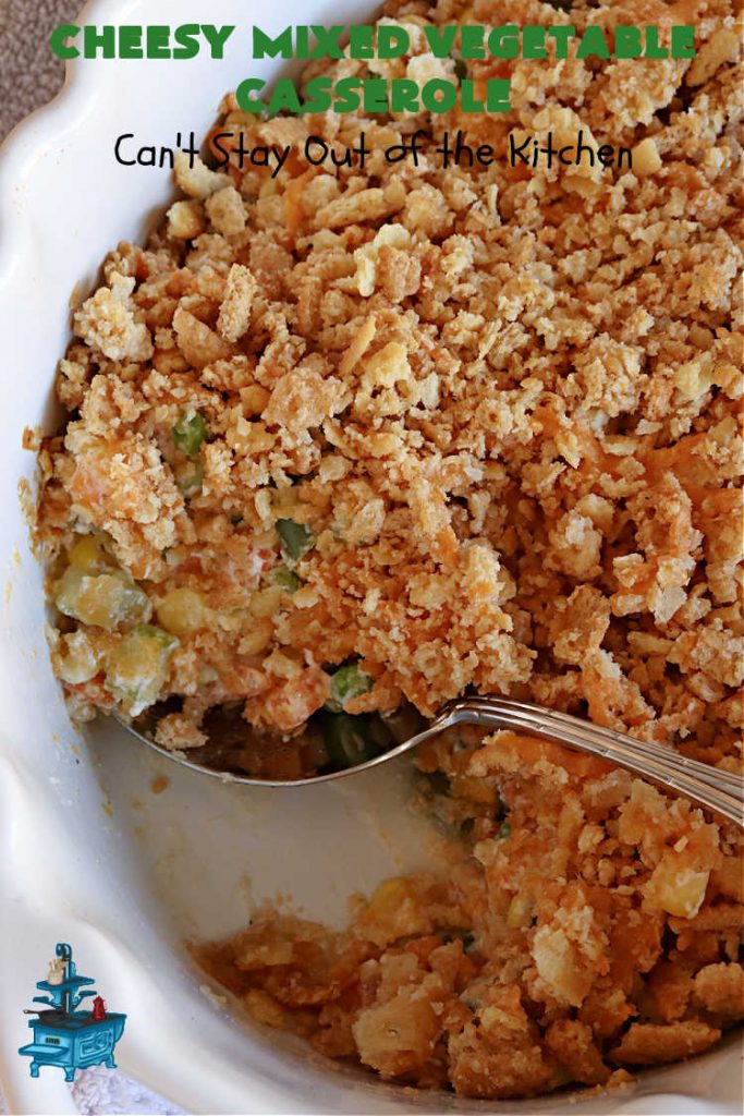 Cheesy Mixed Vegetable Casserole | Can't Stay Out of the Kitchen | easy & delicious #SideDish that's terrific for company or #holiday dinners like #Thanksgiving or #Christmas. Uses #MixedVegetables in a casserole with a delightful #CheddarCheese #RitzCracker crumb topping. #casserole #CheesyMixedVegetableCasserole
