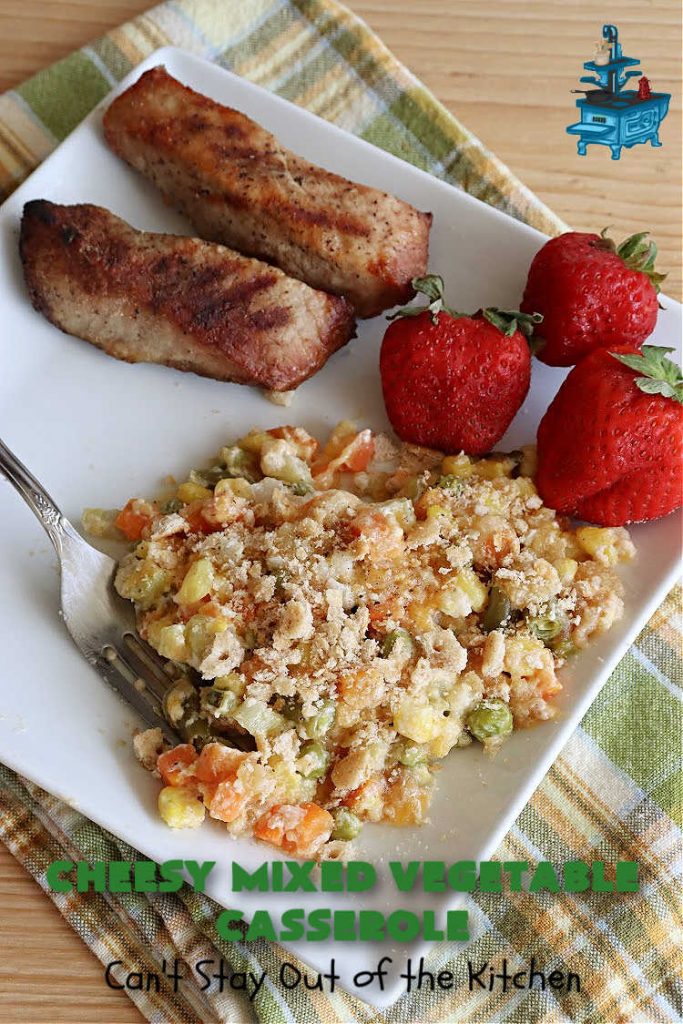 Cheesy Mixed Vegetable Casserole | Can't Stay Out of the Kitchen | easy & delicious #SideDish that's terrific for company or #holiday dinners like #Thanksgiving or #Christmas. Uses #MixedVegetables in a casserole with a delightful #CheddarCheese #RitzCracker crumb topping. #casserole #CheesyMixedVegetableCasserole