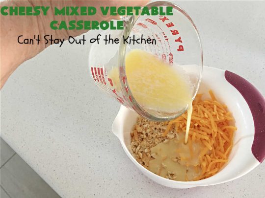 Cheesy Mixed Vegetable Casserole | Can't Stay Out of the Kitchen | easy & delicious #SideDish that's terrific for company or #holiday dinners like #Thanksgiving or #Christmas. Uses #MixedVegetables in a casserole with a delightful #CheddarCheese #RitzCracker crumb topping. #casserole #CheesyMixedVegetableCasserole