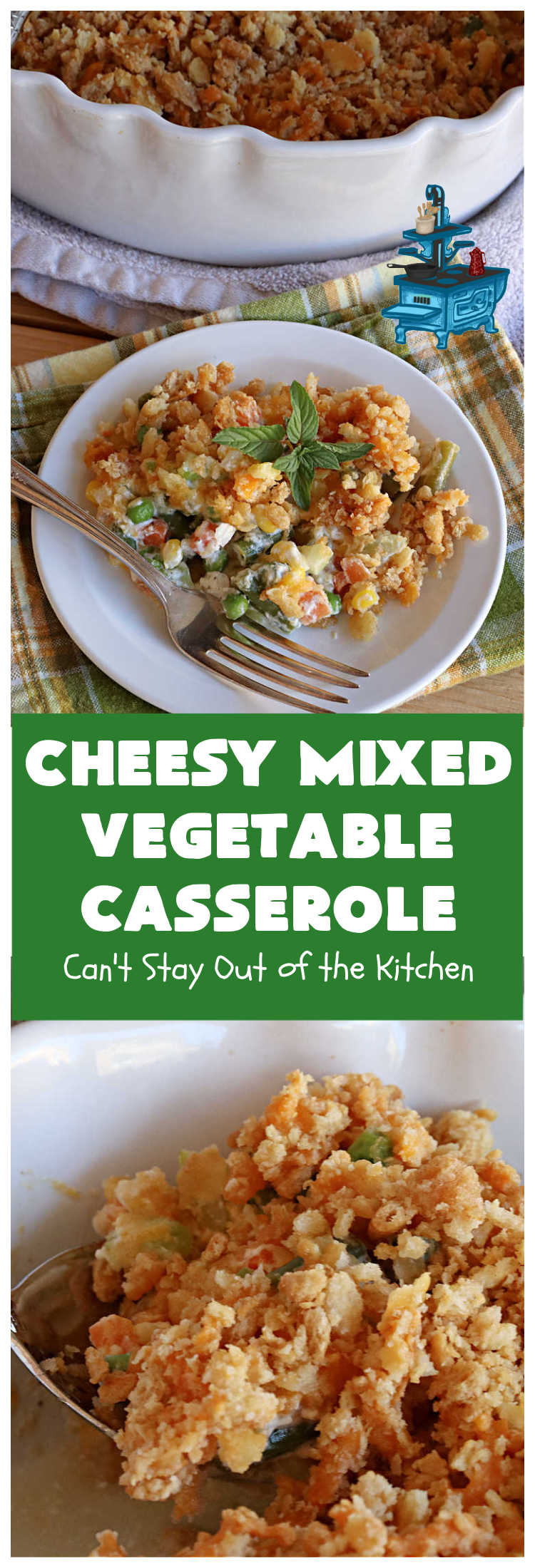 Cheesy Mixed Vegetable Casserole | Can't Stay Out of the Kitchen | easy & delicious #SideDish that's terrific for company or #holiday dinners like #Thanksgiving or #Christmas. Uses #MixedVegetables in a casserole with a delightful #CheddarCheese #RitzCracker crumb topping. #casserole #CheesyMixedVegetableCasserole