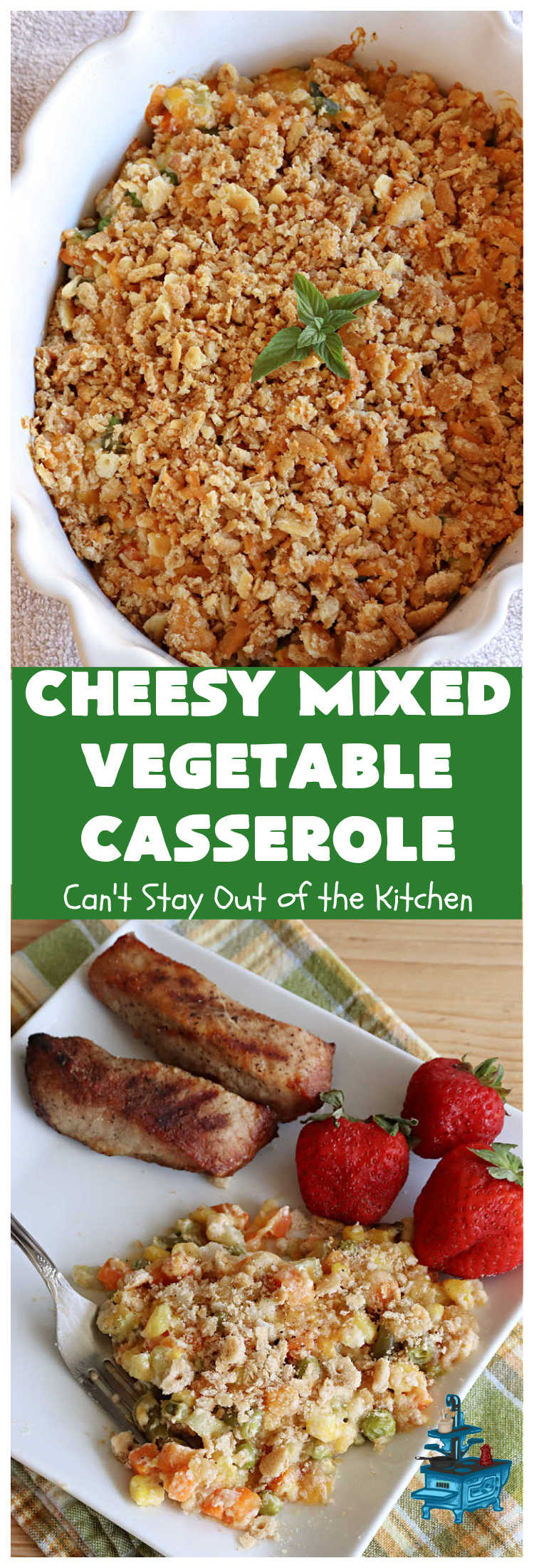 Cheesy Mixed Vegetable Casserole | Can't Stay Out of the Kitchen | easy & delicious #SideDish that's terrific for company or #holiday dinners like #Thanksgiving or #Christmas. Uses #MixedVegetables in a casserole with a delightful #CheddarCheese #RitzCracker crumb topping. #casserole #CheesyMixedVegetableCasserole