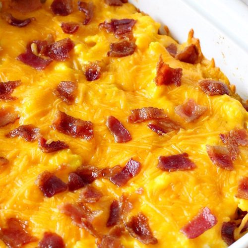Cheesy O'Brien Egg Scramble | Can't Stay Out of the Kitchen | Your family will swoon over this fantastic #Breakfast #casserole. It's one our family & company always want to eat! It's layered with #OBrienPotatoes #CheddarCheeseSoup, #Bacon, scrambled eggs, #CheddarCheese & more bacon! Perfect for #Easter, #MothersDay or #FathersDay. #BreakfastCasserole #HolidayBreakfast #EasterBreakfast #MothersDayBreakfast #FathersDayBreakfast #BaconEggPotatoBreakfastCasserole