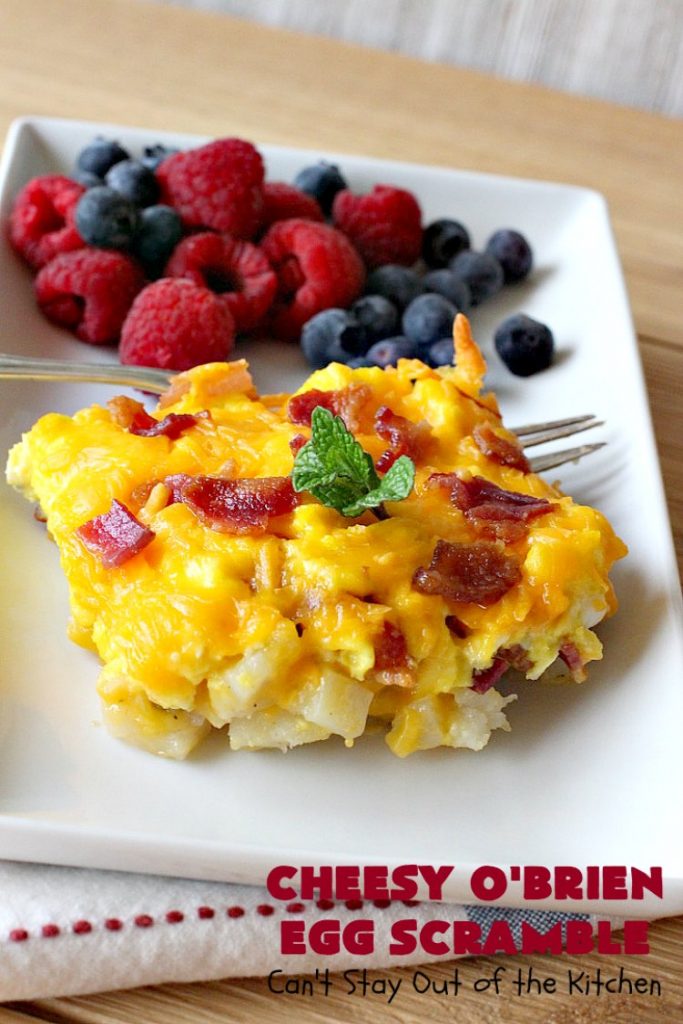 Cheesy O'Brien Egg Scramble | Can't Stay Out of the Kitchen | Your family will swoon over this fantastic #Breakfast #casserole. It's one our family & company always want to eat! It's layered with #OBrienPotatoes #CheddarCheeseSoup, #Bacon, scrambled eggs, #CheddarCheese & more bacon! Perfect for #Easter, #MothersDay or #FathersDay. #BreakfastCasserole #HolidayBreakfast #EasterBreakfast #MothersDayBreakfast #FathersDayBreakfast #BaconEggPotatoBreakfastCasserole