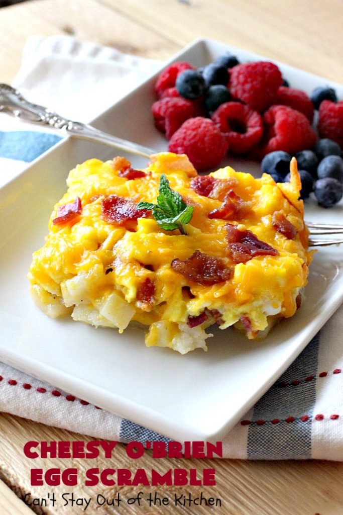 Cheesy O'Brien Egg Scramble | Can't Stay Out of the Kitchen | Your family will swoon over this fantastic #Breakfast #casserole. It's one our family & company always want to eat! It's layered with #OBrienPotatoes #CheddarCheeseSoup, #Bacon, scrambled eggs, #CheddarCheese & more bacon! Perfect for #Easter, #MothersDay or #FathersDay. #BreakfastCasserole #HolidayBreakfast #EasterBreakfast #MothersDayBreakfast #FathersDayBreakfast #BaconEggPotatoBreakfastCasserole