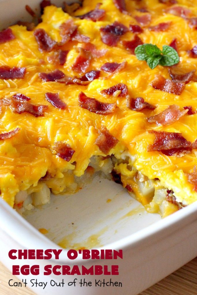 Cheesy O'Brien Egg Scramble | Can't Stay Out of the Kitchen | Your family will swoon over this fantastic #Breakfast #casserole. It's one our family & company always want to eat! It's layered with #OBrienPotatoes #CheddarCheeseSoup, #Bacon, scrambled eggs, #CheddarCheese & more bacon! Perfect for #Easter, #MothersDay or #FathersDay. #BreakfastCasserole #HolidayBreakfast #EasterBreakfast #MothersDayBreakfast #FathersDayBreakfast #BaconEggPotatoBreakfastCasserole