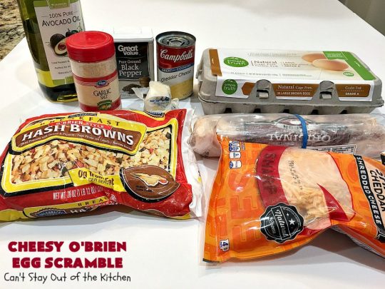 Cheesy O'Brien Egg Scramble | Can't Stay Out of the Kitchen | Your family will swoon over this fantastic #Breakfast #casserole. It's one our family & company always want to eat! It's layered with #OBrienPotatoes #CheddarCheeseSoup, #Bacon, scrambled eggs, #CheddarCheese & more bacon! Perfect for #Easter, #MothersDay or #FathersDay. #BreakfastCasserole #HolidayBreakfast #EasterBreakfast #MothersDayBreakfast #FathersDayBreakfast #BaconEggPotatoBreakfastCasserole