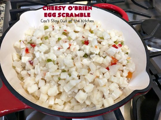 Cheesy O'Brien Egg Scramble | Can't Stay Out of the Kitchen | Your family will swoon over this fantastic #Breakfast #casserole. It's one our family & company always want to eat! It's layered with #OBrienPotatoes #CheddarCheeseSoup, #Bacon, scrambled eggs, #CheddarCheese & more bacon! Perfect for #Easter, #MothersDay or #FathersDay. #BreakfastCasserole #HolidayBreakfast #EasterBreakfast #MothersDayBreakfast #FathersDayBreakfast #BaconEggPotatoBreakfastCasserole