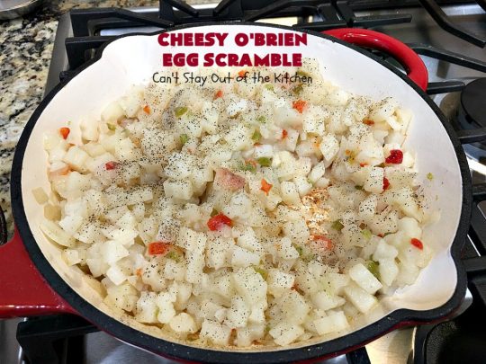 Cheesy O'Brien Egg Scramble | Can't Stay Out of the Kitchen | Your family will swoon over this fantastic #Breakfast #casserole. It's one our family & company always want to eat! It's layered with #OBrienPotatoes #CheddarCheeseSoup, #Bacon, scrambled eggs, #CheddarCheese & more bacon! Perfect for #Easter, #MothersDay or #FathersDay. #BreakfastCasserole #HolidayBreakfast #EasterBreakfast #MothersDayBreakfast #FathersDayBreakfast #BaconEggPotatoBreakfastCasserole