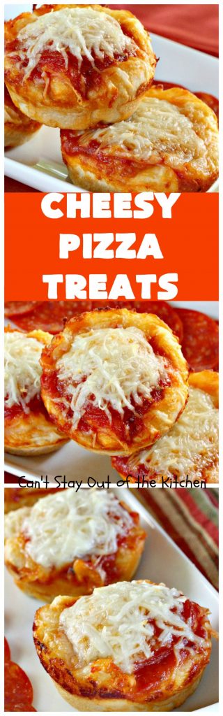 Cheesy Pizza Treats | Can't Stay Out of the Kitchen | spectacular 4-ingredient #appetizer that's terrific for #tailgating, #NewYearsEve or #SuperBowl parties. Kids & adults alike love miniature #pizza. #pepperoni #mozzarella