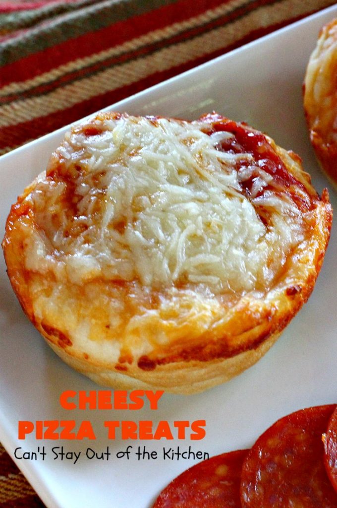 Cheesy Pizza Treats | Can't Stay Out of the Kitchen | spectacular 4-ingredient #appetizer that's terrific for #tailgating, #NewYearsEve or #SuperBowl parties. Kids & adults alike love miniature #pizza. #pepperoni #mozzarella