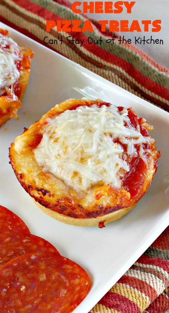 Cheesy Pizza Treats | Can't Stay Out of the Kitchen | spectacular 4-ingredient #appetizer that's terrific for #tailgating, #NewYearsEve or #SuperBowl parties. Kids & adults alike love miniature #pizza. #pepperoni #mozzarella