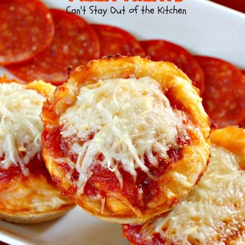 Cheesy Pizza Treats | Can't Stay Out of the Kitchen | spectacular 4-ingredient #appetizer that's terrific for #tailgating, #NewYearsEve or #SuperBowl parties. Kids & adults alike love miniature #pizza. #pepperoni #mozzarella