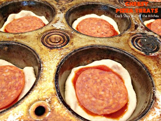 Cheesy Pizza Treats | Can't Stay Out of the Kitchen | spectacular 4-ingredient #appetizer that's terrific for #tailgating, #NewYearsEve or #SuperBowl parties. Kids & adults alike love miniature #pizza. #pepperoni #mozzarella