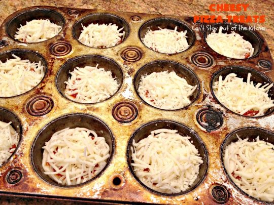Cheesy Pizza Treats | Can't Stay Out of the Kitchen | spectacular 4-ingredient #appetizer that's terrific for #tailgating, #NewYearsEve or #SuperBowl parties. Kids & adults alike love miniature #pizza. #pepperoni #mozzarella