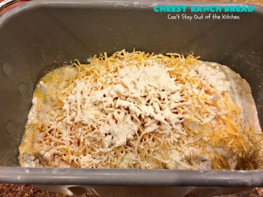Cheesy Ranch Bread | Can't Stay Out of the Kitchen | this easy #Breadmaker #bread is sensational! It uses #RanchDressingMix, #CheddarCheese & #GreekYogurt. It just explodes with flavor! Terrific side dish for family, company or #holiday dinners. #CheesyRanchBread #HomemadeBread #BreadmakerBread #EasyHomemadeBreadRecipe
