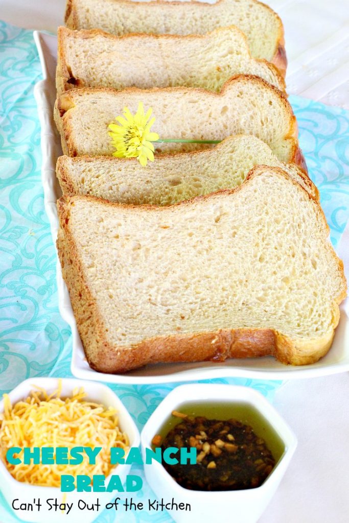 Cheesy Ranch Bread | Can't Stay Out of the Kitchen | this easy #Breadmaker #bread is sensational! It uses #RanchDressingMix, #CheddarCheese & #GreekYogurt. It just explodes with flavor! Terrific side dish for family, company or #holiday dinners. #CheesyRanchBread #HomemadeBread #BreadmakerBread #EasyHomemadeBreadRecipe