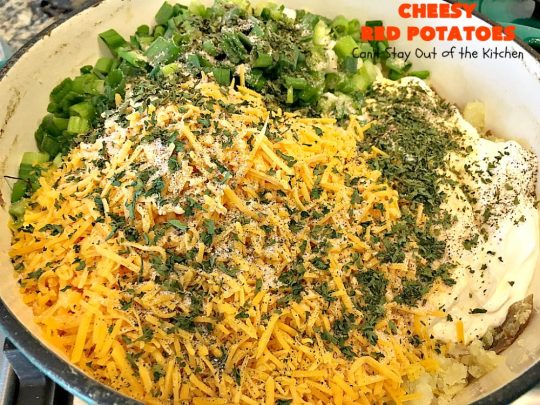 Cheesy Red Potatoes | Can't Stay Out of the Kitchen | these fabulous cheesy #potatoes make the perfect side dish for beef, chicken, pork or fish! They are absolutely scrumptious! #cheese #casserole #glutenfree