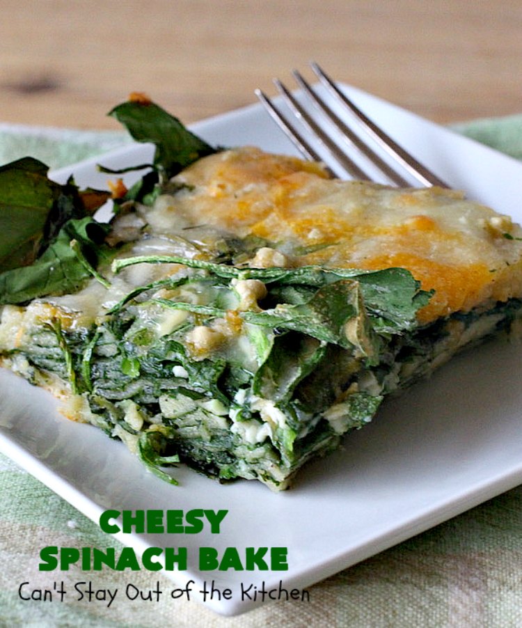 Cheesy Spinach Bake | Can't Stay Out of the Kitchen | this cheesy & delicious #spinach #souffle is made with both #CheddarCheese & #MontereyJack. It's the ultimate in cheesy comfort food! It's terrific for #holiday menus like #Thanksgiving or #Christmas. #GlutenFree #SideDish #GlutenFreeSideDish #CheesySpinachBake