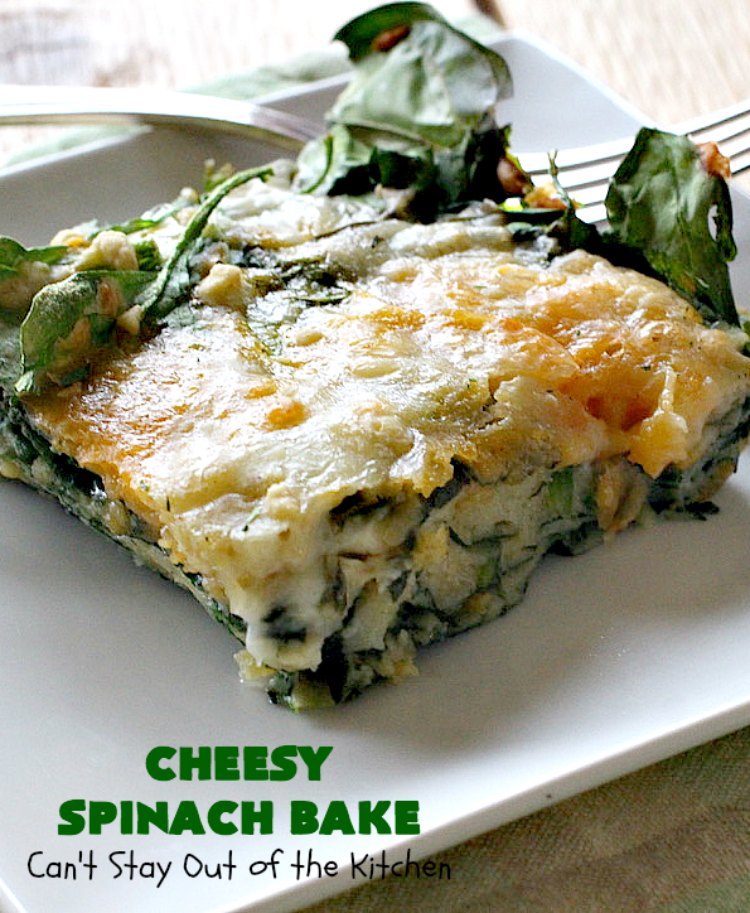 Cheesy Spinach Bake | Can't Stay Out of the Kitchen | this cheesy & delicious #spinach #souffle is made with both #CheddarCheese & #MontereyJack. It's the ultimate in cheesy comfort food! It's terrific for #holiday menus like #Thanksgiving or #Christmas. #GlutenFree #SideDish #GlutenFreeSideDish #CheesySpinachBake