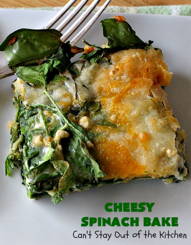 Cheesy Spinach Bake | Can't Stay Out of the Kitchen | this cheesy & delicious #spinach #souffle is made with both #CheddarCheese & #MontereyJack. It's the ultimate in cheesy comfort food! It's terrific for #holiday menus like #Thanksgiving or #Christmas. #GlutenFree #SideDish #GlutenFreeSideDish #CheesySpinachBake