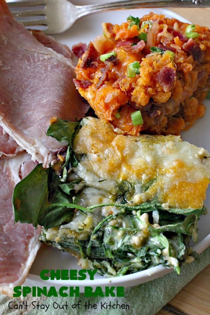 Cheesy Spinach Bake | Can't Stay Out of the Kitchen | this cheesy & delicious #spinach #souffle is made with both #CheddarCheese & #MontereyJack. It's the ultimate in cheesy comfort food! It's terrific for #holiday menus like #Thanksgiving or #Christmas. #GlutenFree #SideDish #GlutenFreeSideDish #CheesySpinachBake