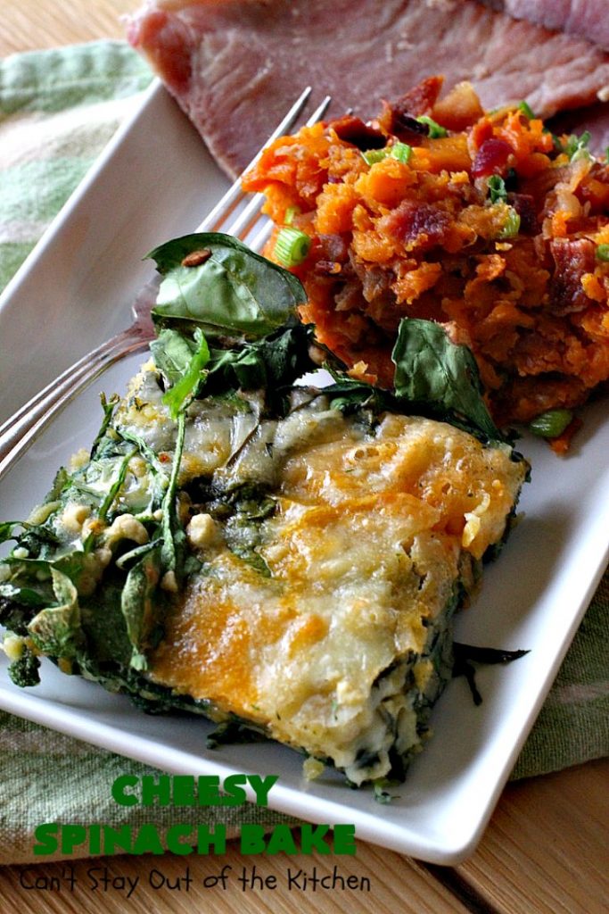 Cheesy Spinach Bake | Can't Stay Out of the Kitchen | this cheesy & delicious #spinach #souffle is made with both #CheddarCheese & #MontereyJack. It's the ultimate in cheesy comfort food! It's terrific for #holiday menus like #Thanksgiving or #Christmas. #GlutenFree #SideDish #GlutenFreeSideDish #CheesySpinachBake