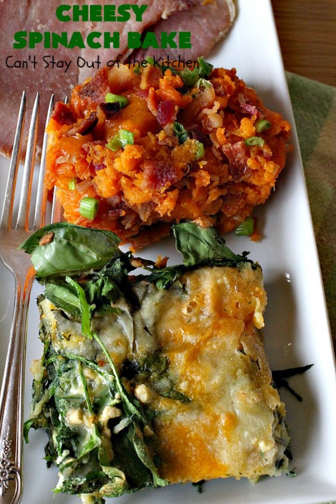 Cheesy Spinach Bake | Can't Stay Out of the Kitchen | this cheesy & delicious #spinach #souffle is made with both #CheddarCheese & #MontereyJack. It's the ultimate in cheesy comfort food! It's terrific for #holiday menus like #Thanksgiving or #Christmas. #GlutenFree #SideDish #GlutenFreeSideDish #CheesySpinachBake
