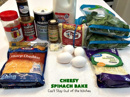 Cheesy Spinach Bake | Can't Stay Out of the Kitchen | this cheesy & delicious #spinach #souffle is made with both #CheddarCheese & #MontereyJack. It's the ultimate in cheesy comfort food! It's terrific for #holiday menus like #Thanksgiving or #Christmas. #GlutenFree #SideDish #GlutenFreeSideDish #CheesySpinachBake