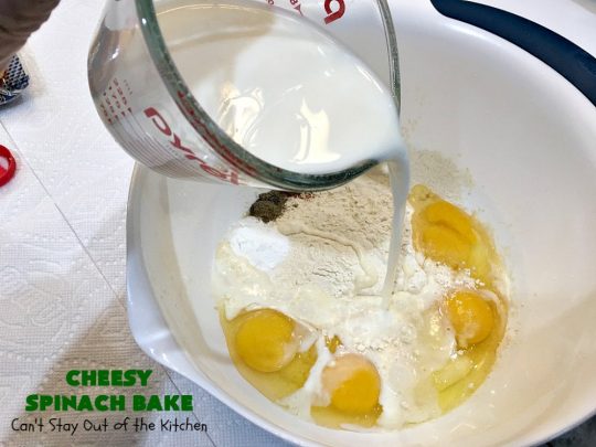 Cheesy Spinach Bake | Can't Stay Out of the Kitchen | this cheesy & delicious #spinach #souffle is made with both #CheddarCheese & #MontereyJack. It's the ultimate in cheesy comfort food! It's terrific for #holiday menus like #Thanksgiving or #Christmas. #GlutenFree #SideDish #GlutenFreeSideDish #CheesySpinachBake