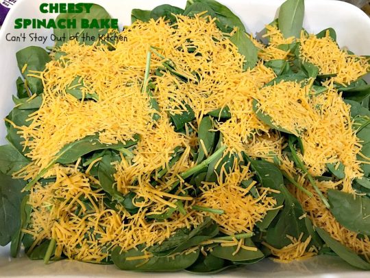 Cheesy Spinach Bake | Can't Stay Out of the Kitchen | this cheesy & delicious #spinach #souffle is made with both #CheddarCheese & #MontereyJack. It's the ultimate in cheesy comfort food! It's terrific for #holiday menus like #Thanksgiving or #Christmas. #GlutenFree #SideDish #GlutenFreeSideDish #CheesySpinachBake