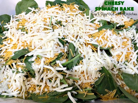Cheesy Spinach Bake | Can't Stay Out of the Kitchen | this cheesy & delicious #spinach #souffle is made with both #CheddarCheese & #MontereyJack. It's the ultimate in cheesy comfort food! It's terrific for #holiday menus like #Thanksgiving or #Christmas. #GlutenFree #SideDish #GlutenFreeSideDish #CheesySpinachBake