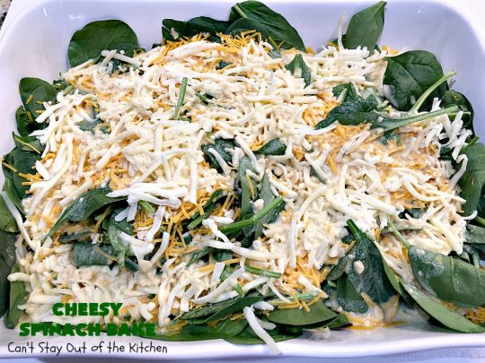 Cheesy Spinach Bake | Can't Stay Out of the Kitchen | this cheesy & delicious #spinach #souffle is made with both #CheddarCheese & #MontereyJack. It's the ultimate in cheesy comfort food! It's terrific for #holiday menus like #Thanksgiving or #Christmas. #GlutenFree #SideDish #GlutenFreeSideDish #CheesySpinachBake