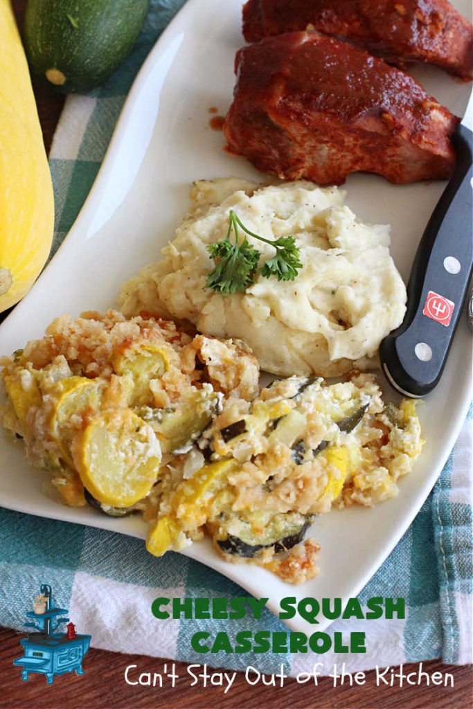 Cheesy Squash Casserole | Can't Stay Out of the Kitchen | this fantastic #Squash #SideDish is so delightful & easy to whip up you'll want to make it frequently. It's terrific for company or #holiday dinners like #Thanksgiving or #Christmas. The #RitzCracker topping makes everything irresistible. #CheddarCheese #Zucchini #YellowSquash #casserole #CheesySquashCasserole