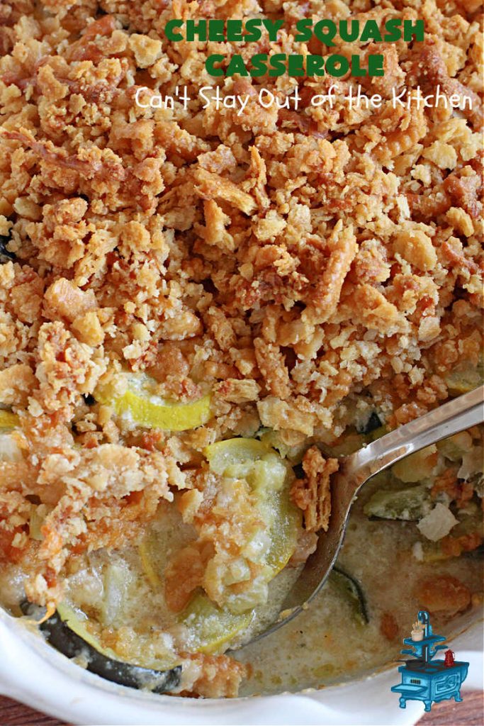 Cheesy Squash Casserole | Can't Stay Out of the Kitchen | this fantastic #Squash #SideDish is so delightful & easy to whip up you'll want to make it frequently. It's terrific for company or #holiday dinners like #Thanksgiving or #Christmas. The #RitzCracker topping makes everything irresistible. #CheddarCheese #Zucchini #YellowSquash #casserole #CheesySquashCasserole