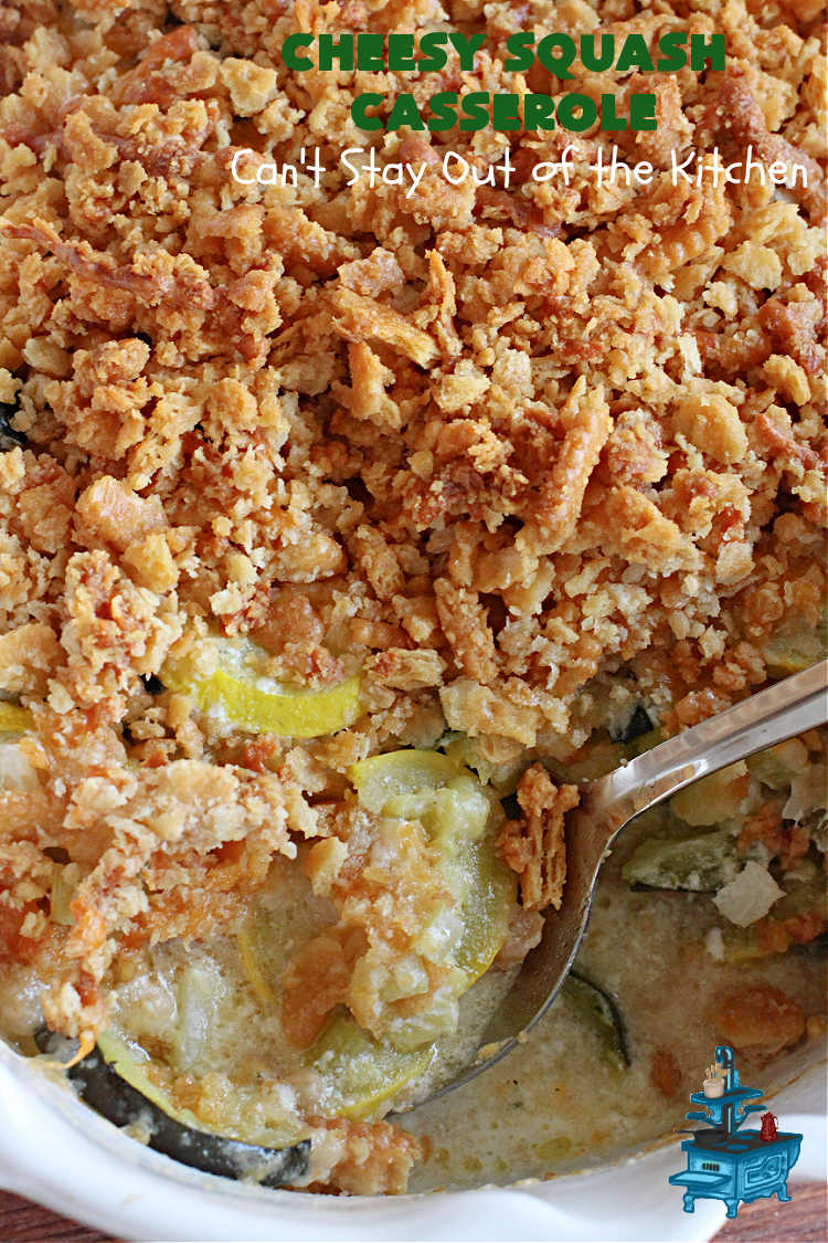 Cheesy Squash Casserole | Can't Stay Out of the Kitchen | this fantastic #Squash #SideDish is so delightful & easy to whip up you'll want to make it frequently. It's terrific for company or #holiday dinners like #Thanksgiving or #Christmas. The #RitzCracker topping makes everything irresistible. #CheddarCheese #Zucchini #YellowSquash #casserole #CheesySquashCasserole