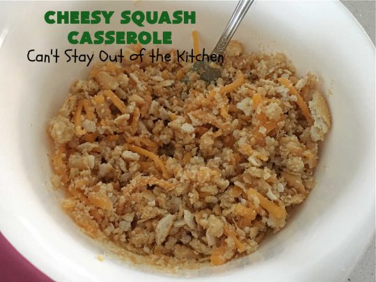 Cheesy Squash Casserole | Can't Stay Out of the Kitchen | this fantastic #Squash #SideDish is so delightful & easy to whip up you'll want to make it frequently. It's terrific for company or #holiday dinners like #Thanksgiving or #Christmas. The #RitzCracker topping makes everything irresistible. #CheddarCheese #Zucchini #YellowSquash #casserole #CheesySquashCasserole